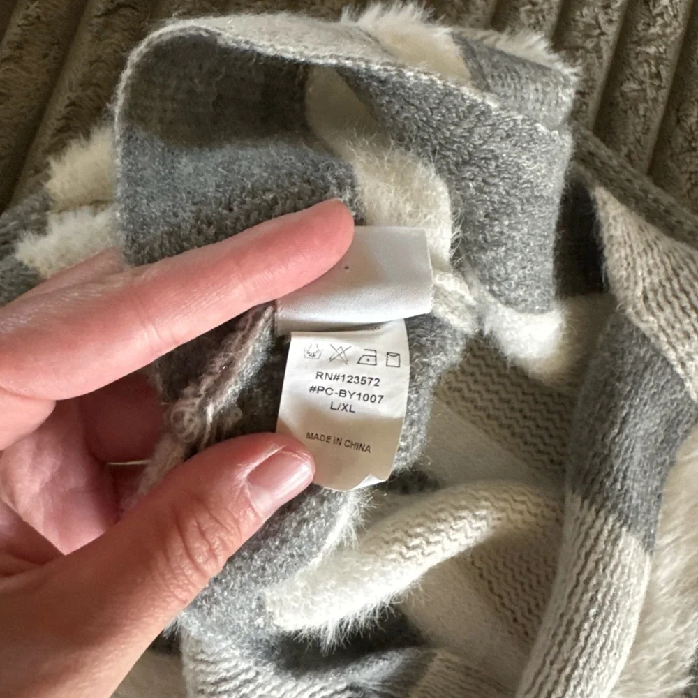 Striped Gray and Cream Knit shawl/poncho with Fringe